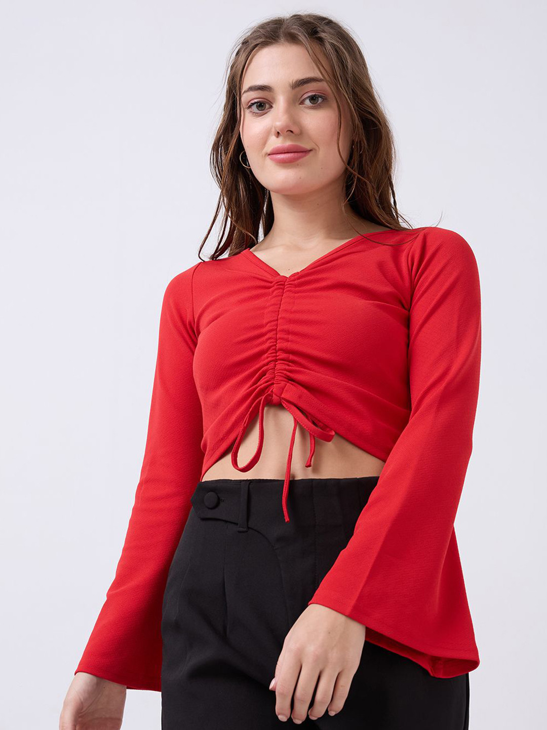 SZN Women's Solid Ruffle Fitted Bell Sleeve V-neck Crop Top