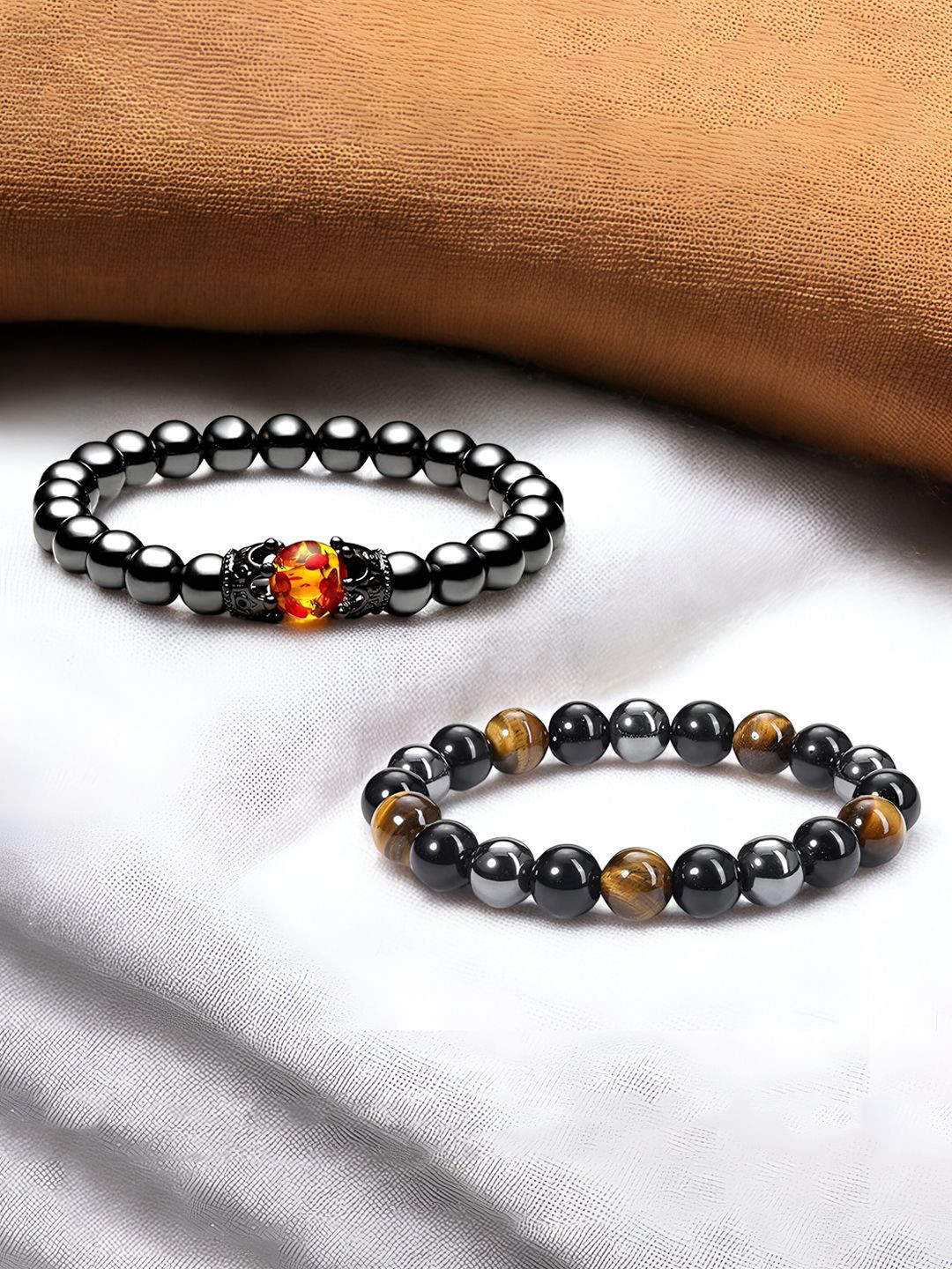 Jewels Galaxy Men Set Of 2 Silver-Plated Artificial Beaded Elasticated Tiger Eye Bracelet