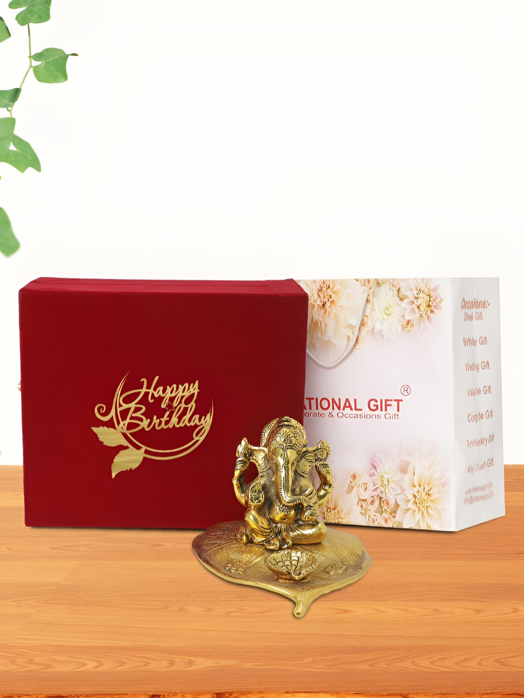 INTERNATIONAL GIFT Patta Ganesh with Box, Bag & 'Happy Birthday' Personalized Tag Gold Aluminium Metallic Prayer Room Medium Showpiece - 4 Inches