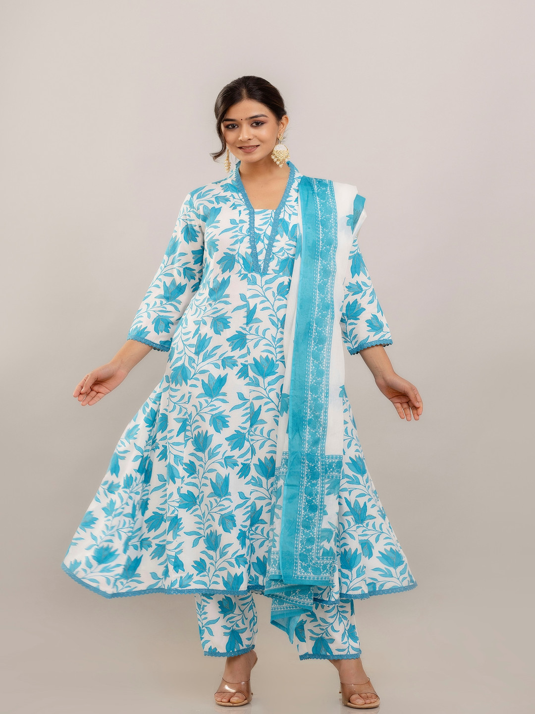 GEKHA Floral Printed V-Neck Pure Cotton Anarkali Kurta With Trousers And Dupatta
