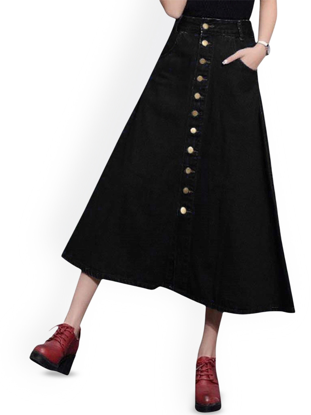 Tripursundari Fashion Buttoned A-Line Maxi Denim Skirt