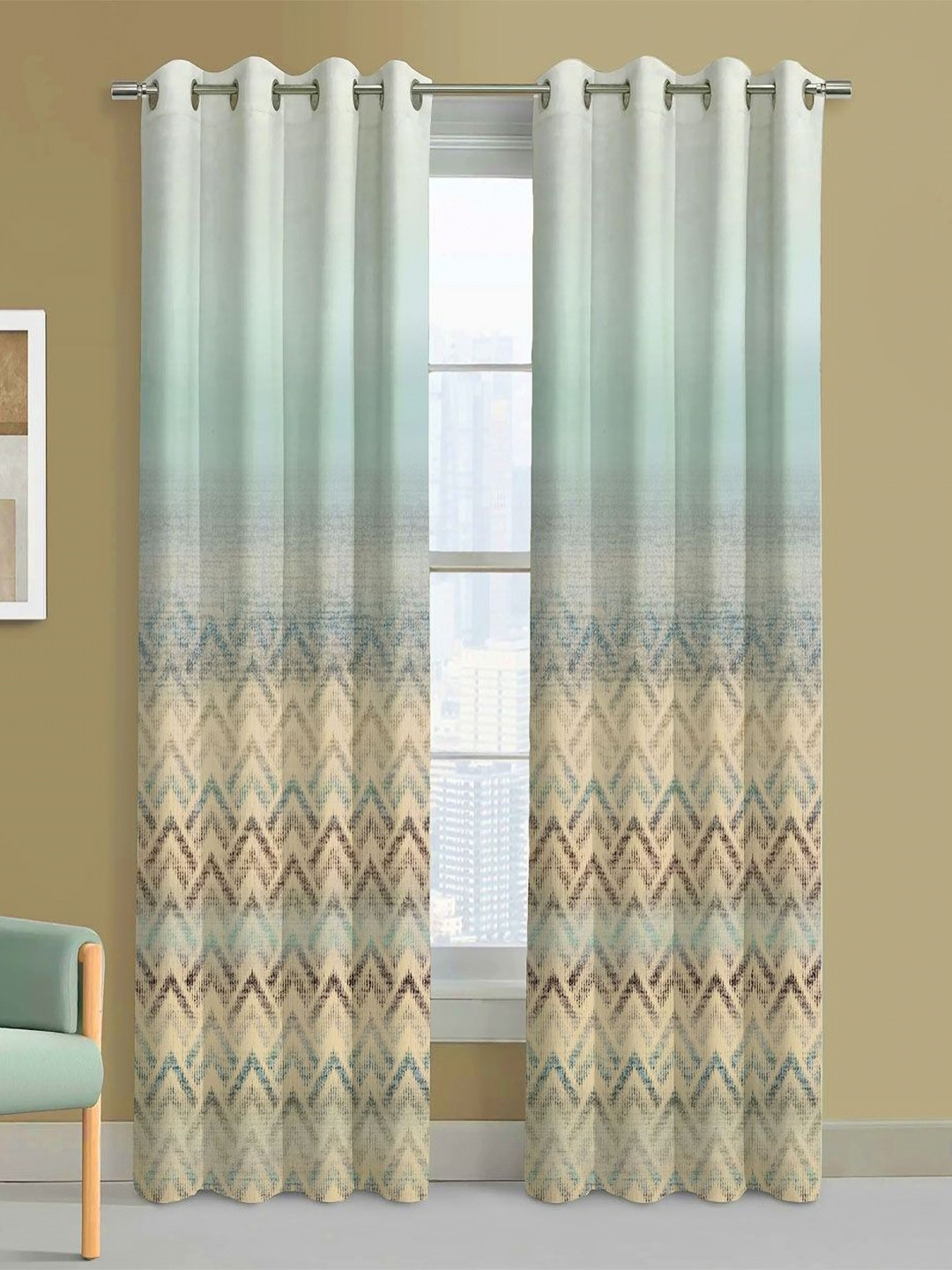 Steve & Anderson Ozzon Turquoise Blue And Beige 2 Pieces Printed Long Door Curtain (9Feet)