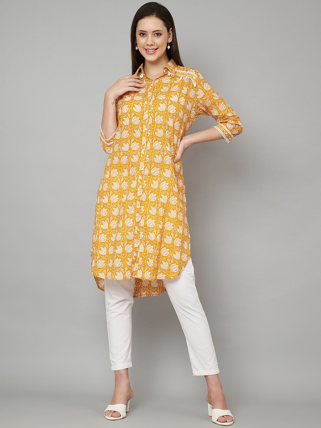 JAPER KURTI Floral Printed Shirt Collar Pure Cotton Straight Kurta