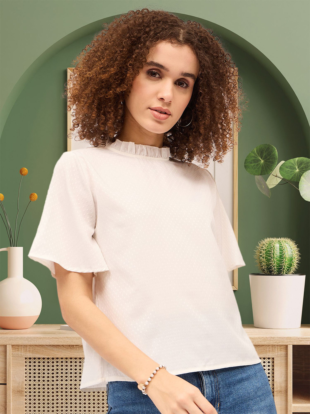 DressBerry Self Design Ruffle High Neck Boxy Top