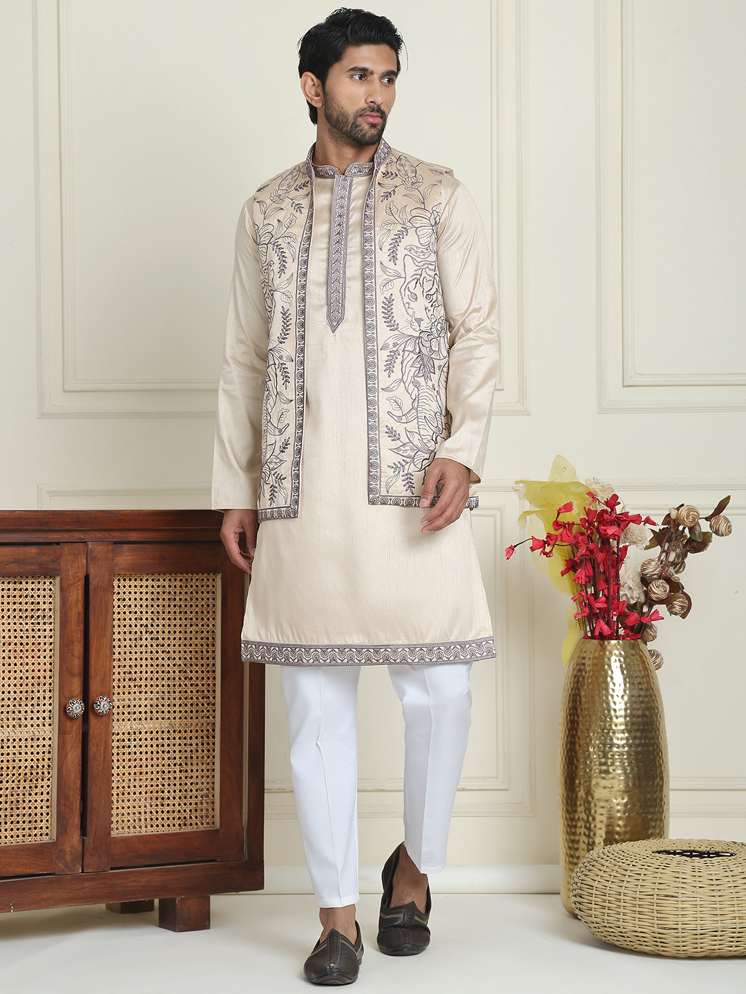 Jompers Floral Yoke Design Mandarin Collar Straight Kurta With Pyjama And Waistcoat