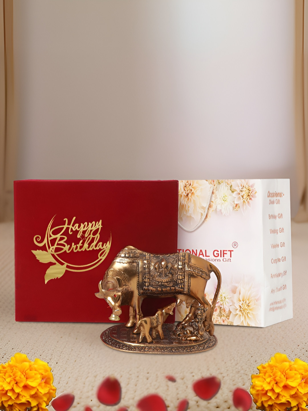 INTERNATIONAL GIFT Kamdhenu Cow with Box, Bag and 'Happy Birthday' Personalized Tag Brown Metal Metallic Prayer Room Medium Showpiece - 6.5 Inches