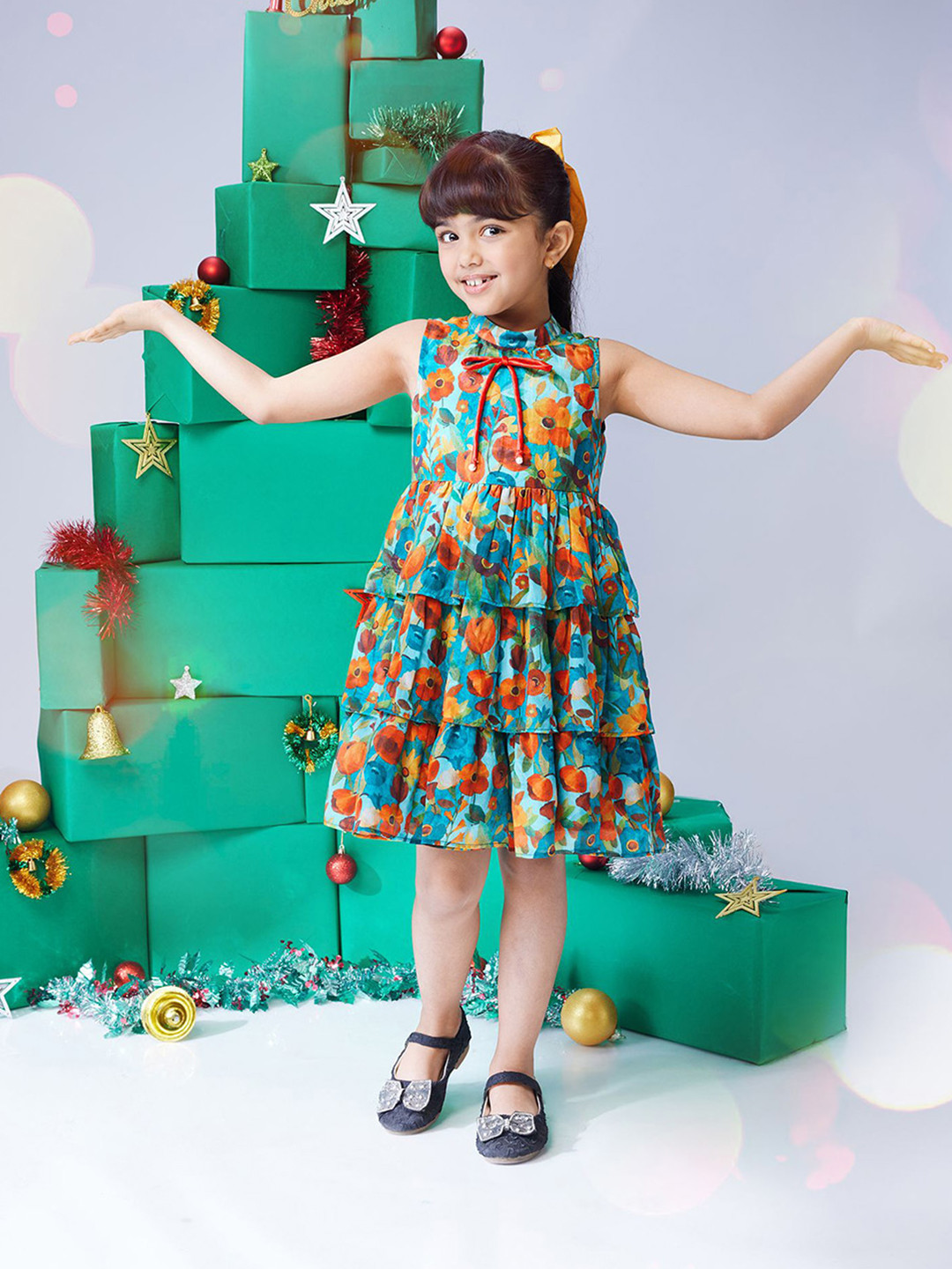 MASTARANG Girls High Collar Sleeveless Three Tiered Organza Dress