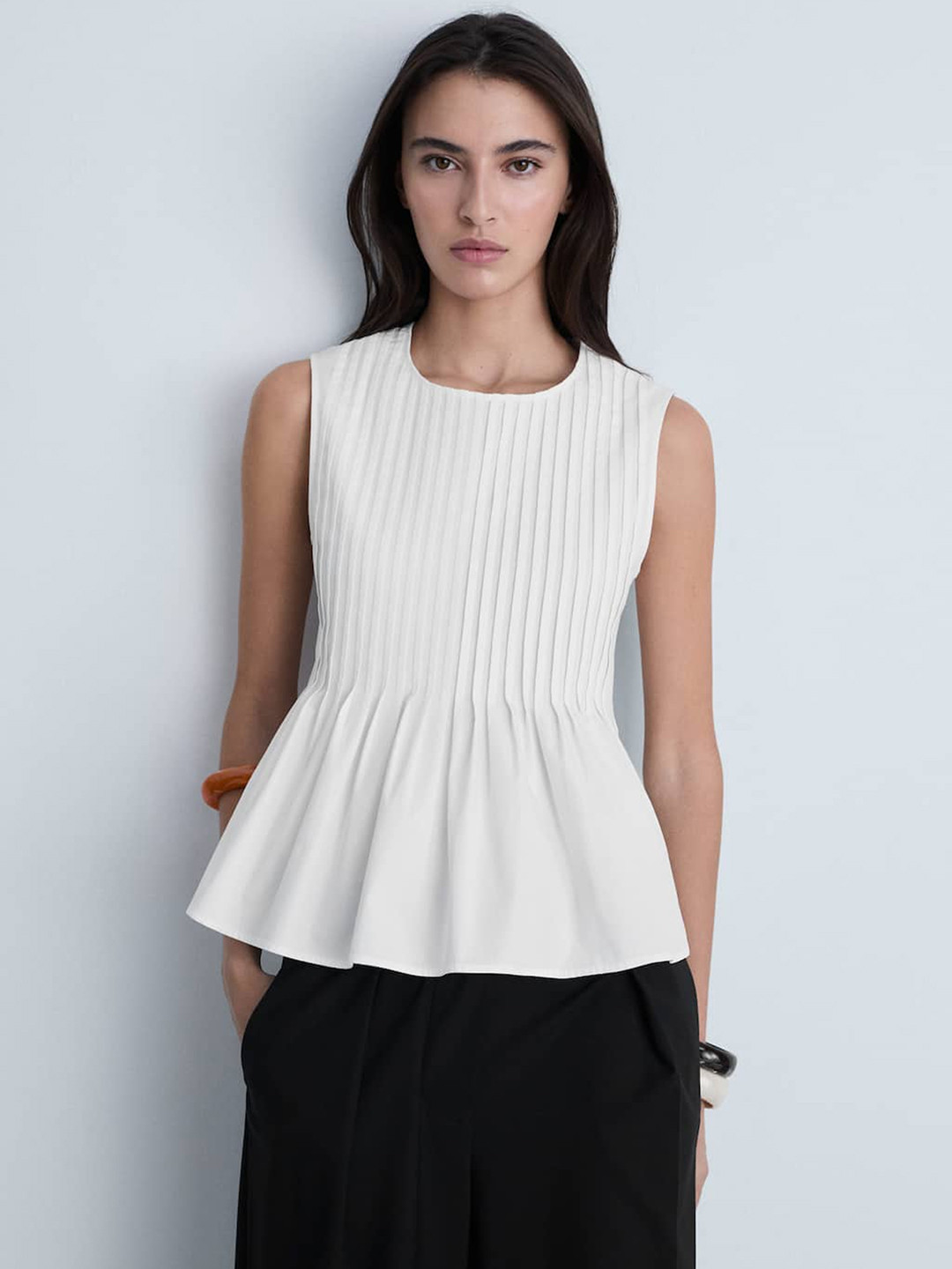 MANGO Organic Cotton Round Neck Pleated Top