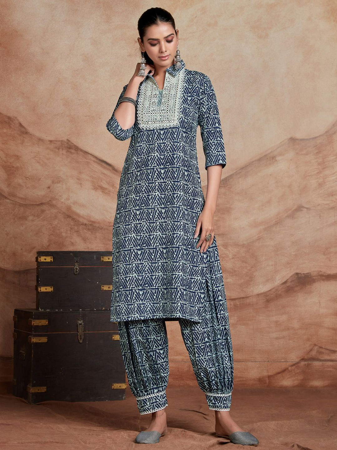 DIVASTRI Floral Embroidered Shirt Collar Mirror Work Kurta With Salwar