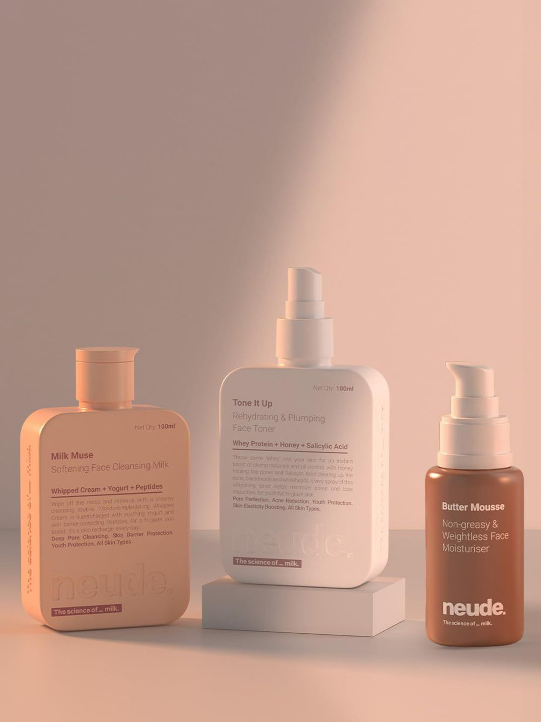 Neude Skin Peptide & Milk Face Cleanser & Face Toner & Moisturizer Combo