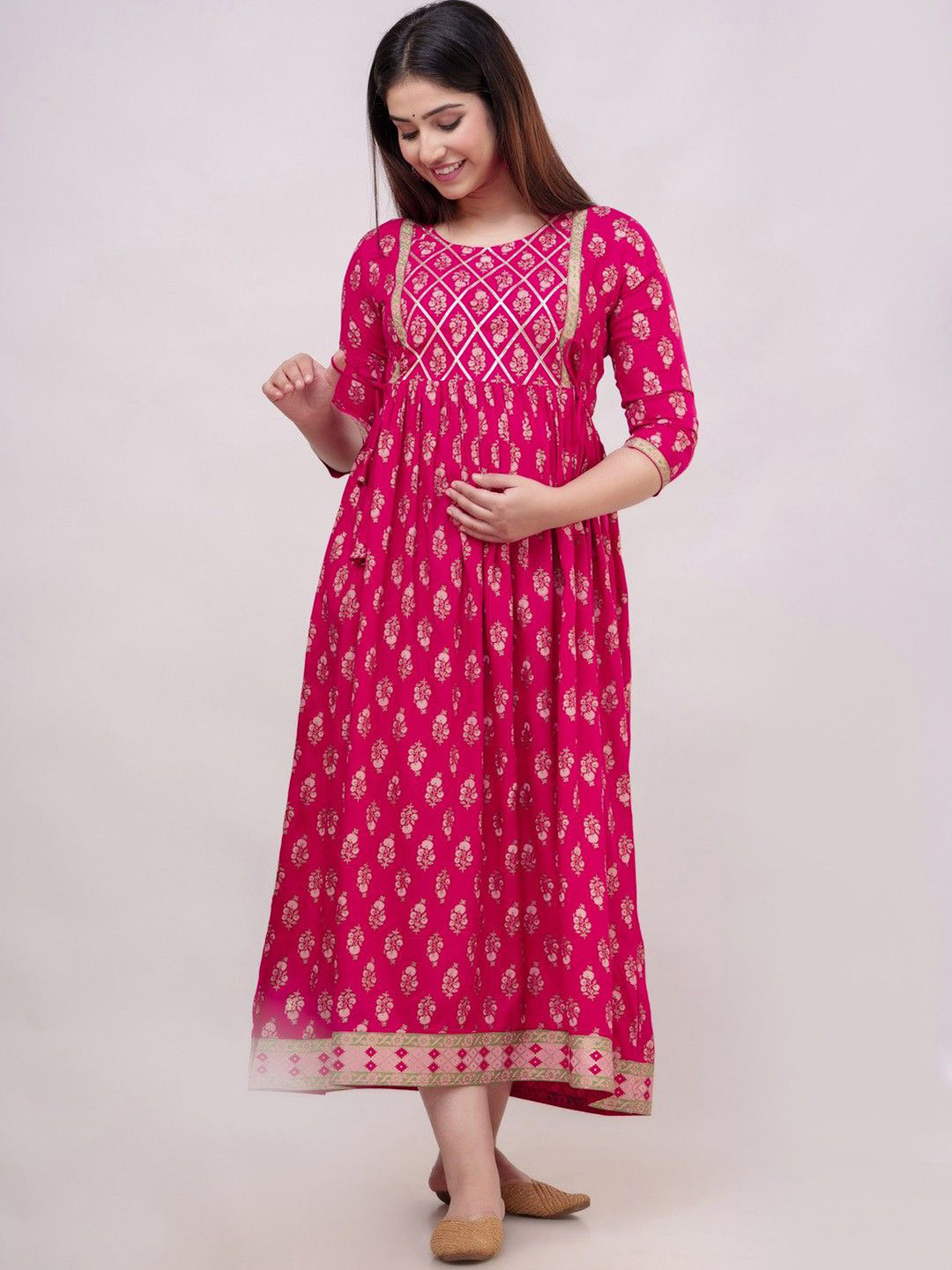 clothonus Asha Floral Printed Round Neck Fit & Flare Maternity Ethnic Dress