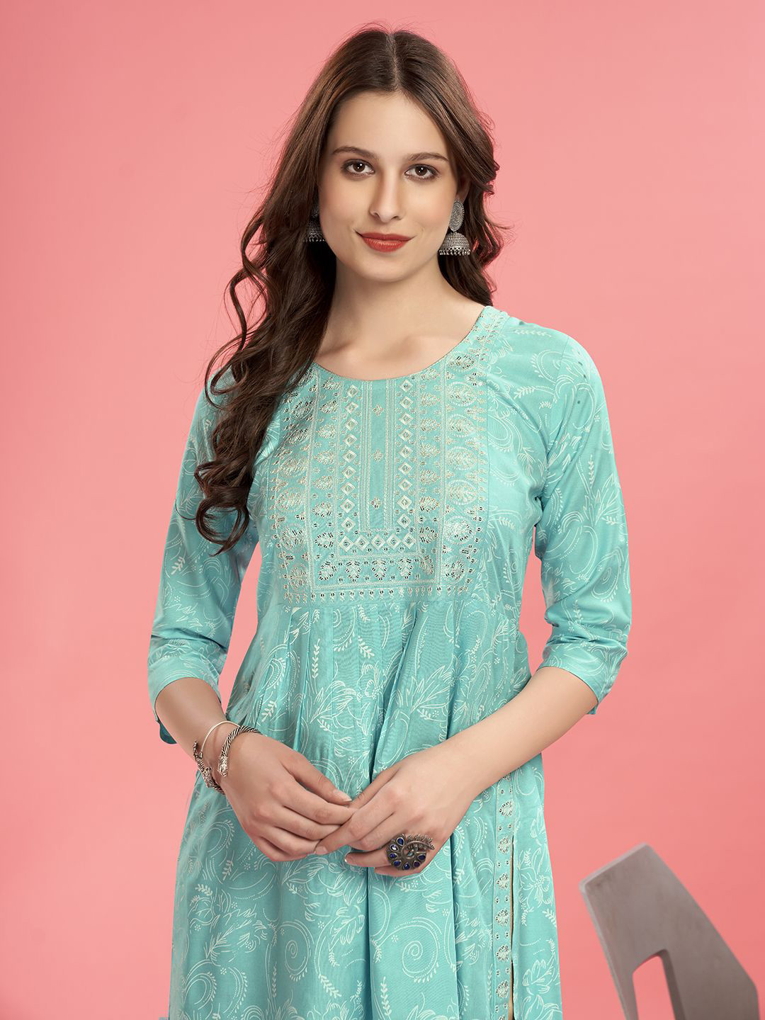 Anouk Rustic Floral Printed Sequence Embroidered Round Neck Straight Kurta