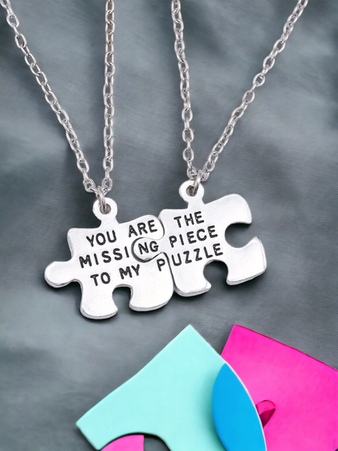 fabula Set Of 2 Stainless Steel Contemporary Jigsaw Puzzle Couple Pendants With Chains