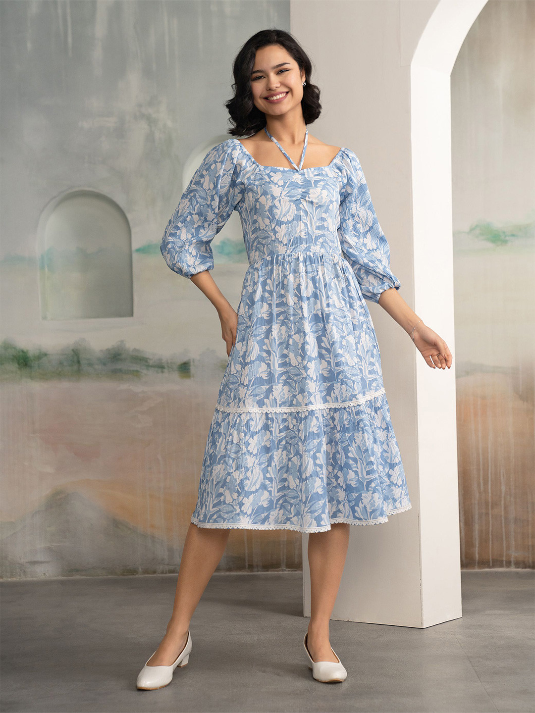 AASK Women's Sky Blue Printed Crush Crepe Tiered Midi Length Fit and Flare Dress