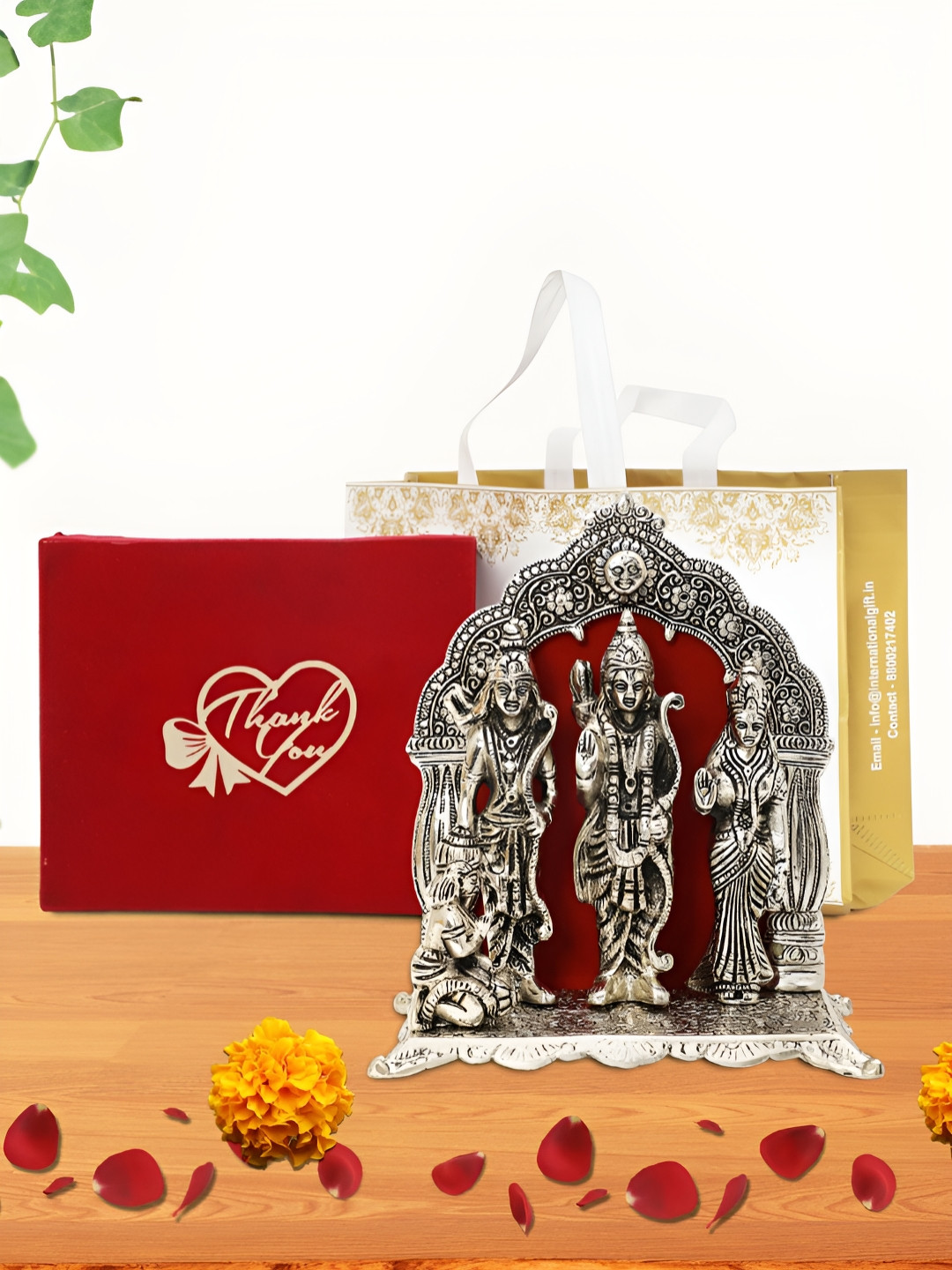 INTERNATIONAL GIFT Ram Darbar with Box, Bag & 'Thank You' Personalized Tag Silver Metal Metallic Prayer Room Large Showpiece - 9.5 Inches
