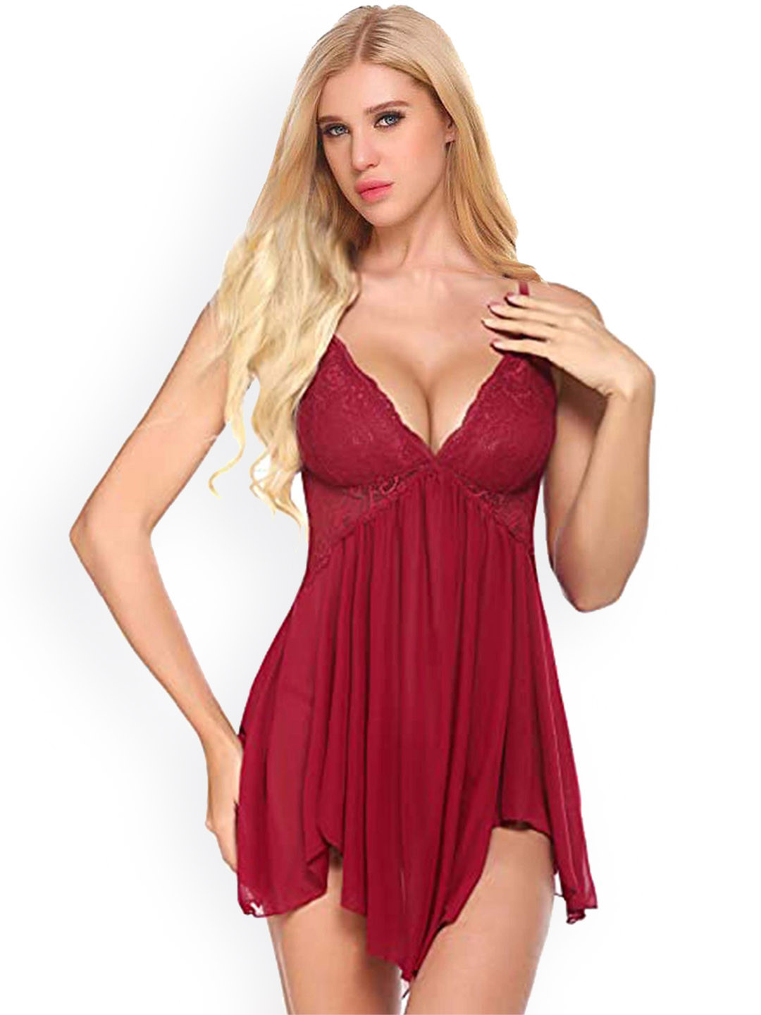 chia fashions Women Dual Net Lace Baby Doll with Asymmetric Hem