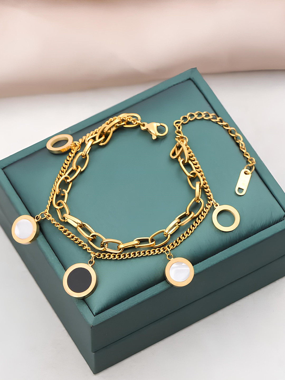 KARISHMA KREATIONS Stainless Steel Gold-Plated Enamelled Anti-Tarnish Layered Bracelet