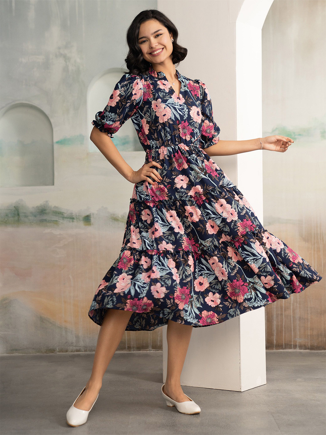 AASK Women Navy Blue Floral Crush Crepe Tiered Midi Length Dress