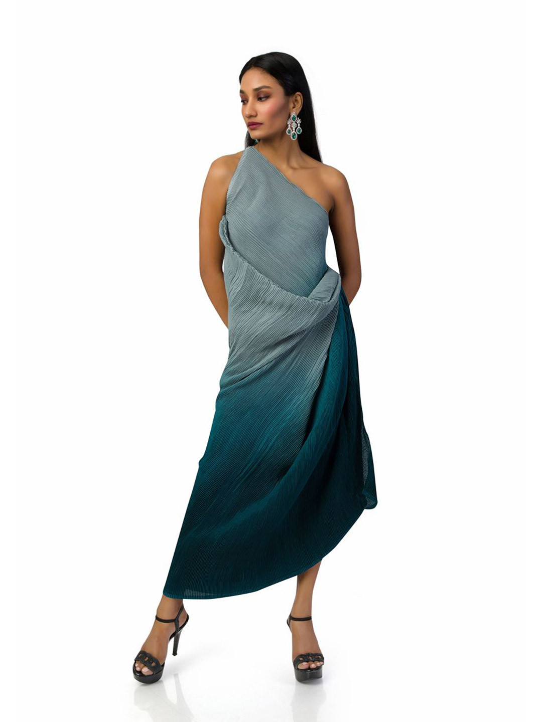 Mystake By Meghna Shah Women Ombre One Shoulder Chiffon  Maxi Drape Dress