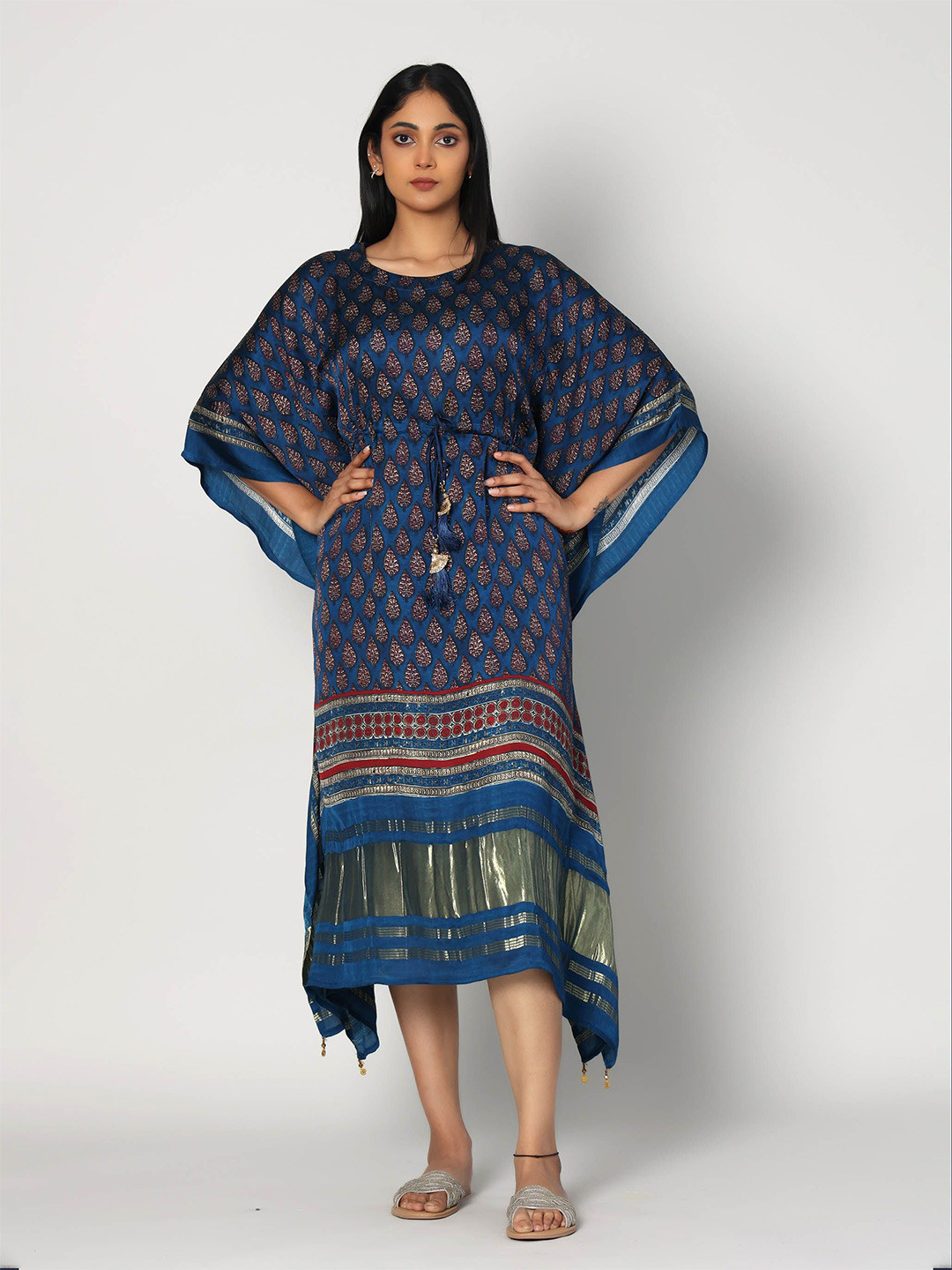Hassu's Ethnic Motifs Print Kimono Sleeve Kaftan Midi Dress