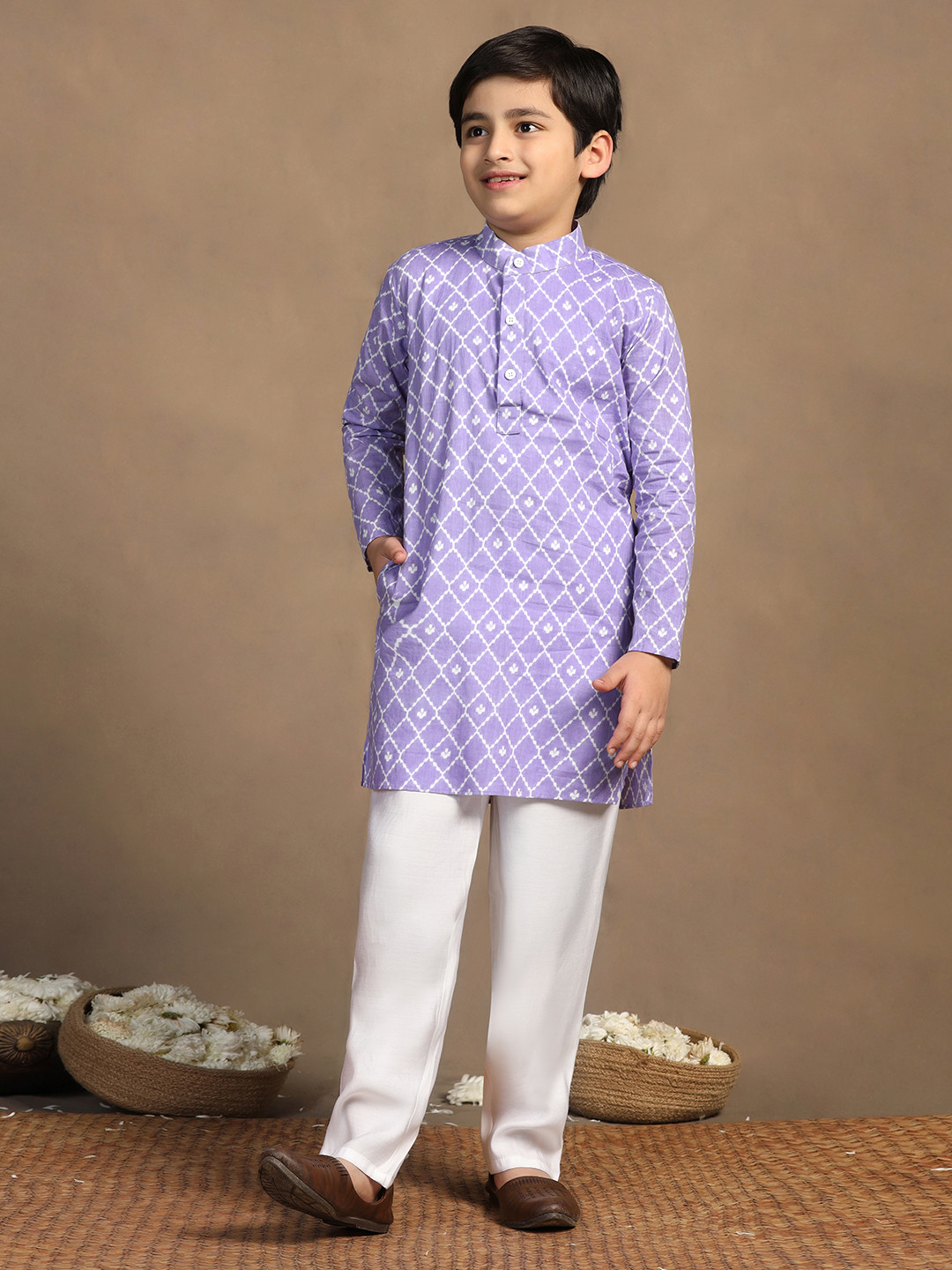 Sangria Boys Purple Floral Printed Band Collar Long Sleeves Straight Kurta With Trousers