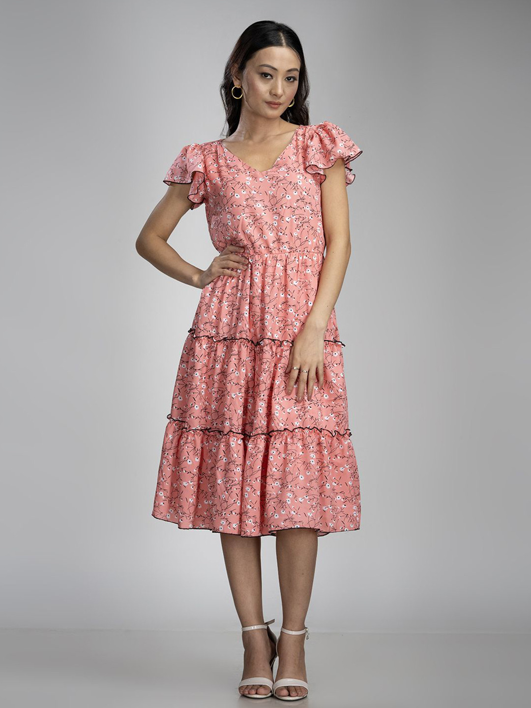 KRISS-CROX Women Floral Printed V-neck Fultter sleeves Fit & Flare Dress