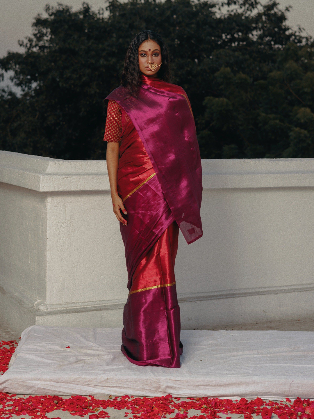 HUTS AND LOOMS Anuragini Red and Purple Plunging Neck Brocade Saree Blouse