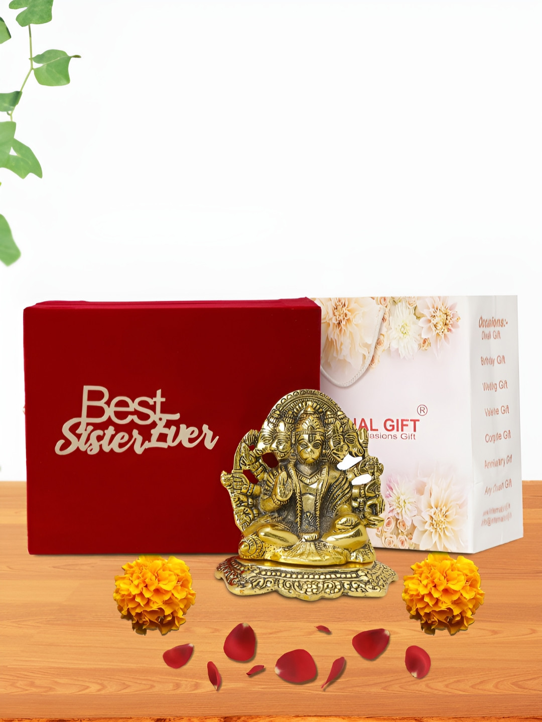 INTERNATIONAL GIFT Panchmukhi with Box, Bag and 'Best Sister' Personalized Tag Gold Metal Metallic Prayer Room Medium Showpiece - 5.5 Inches