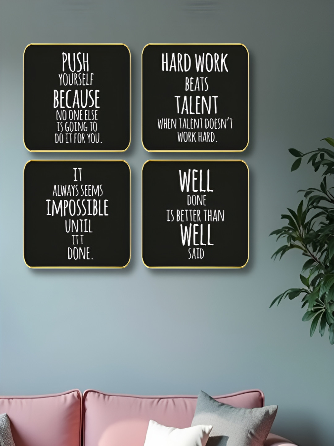 Myntra Elegant Homes 4 Pieces White & Black Motivational Quotes Printed Wood Wall Art