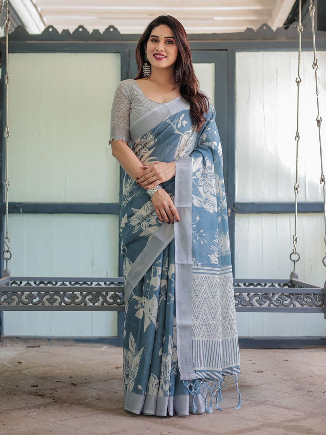 ALMAARI FASHION Floral Printed Pure Linen Banarasi Saree