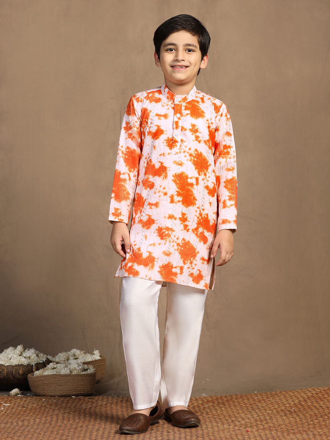 Sangria Orange & White Boys Striped Embroidered Band Collar Straight Kurta With Trouser