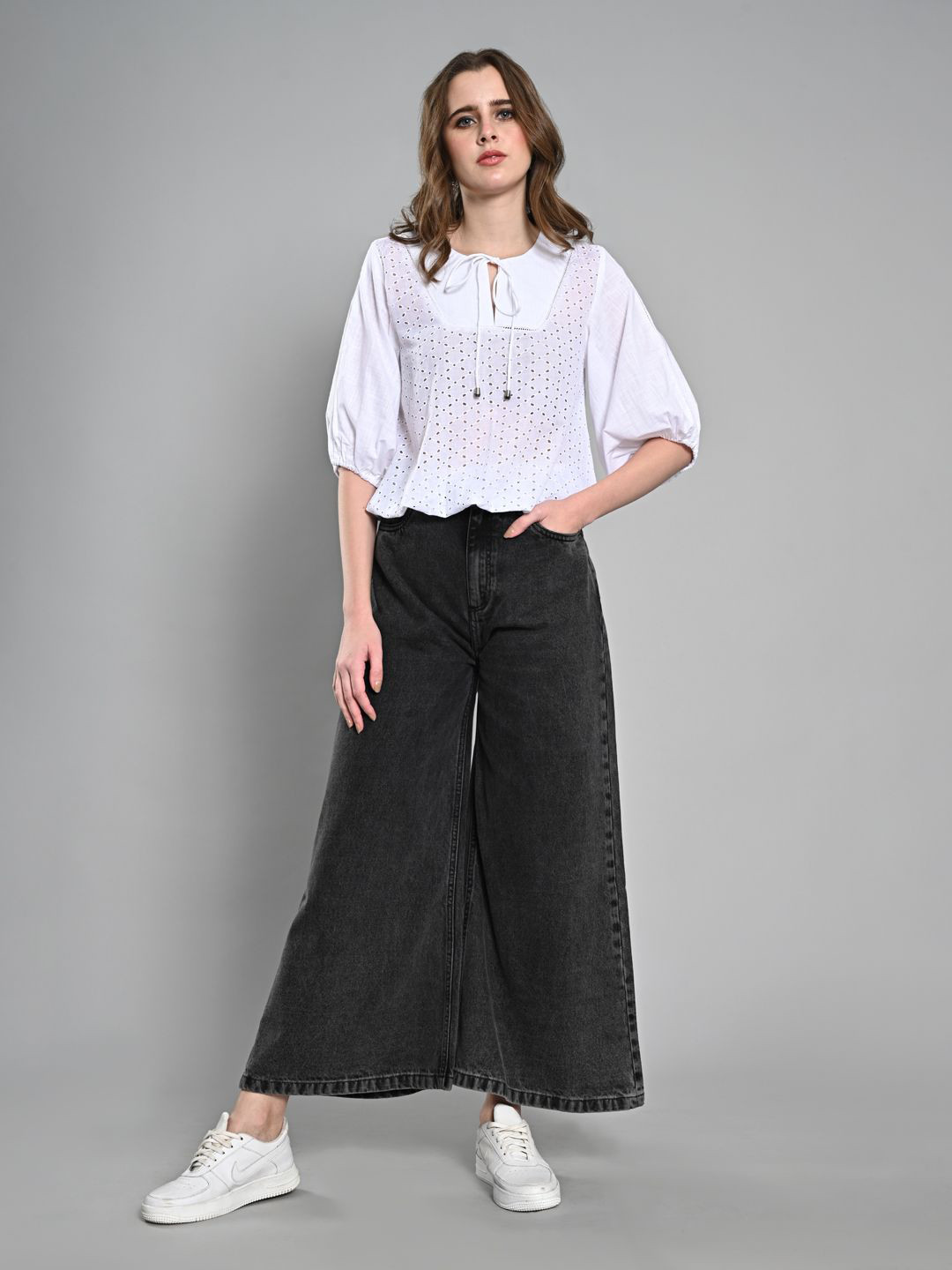 IZEL Self Design Cotton Schiffli Puff Sleeves Top