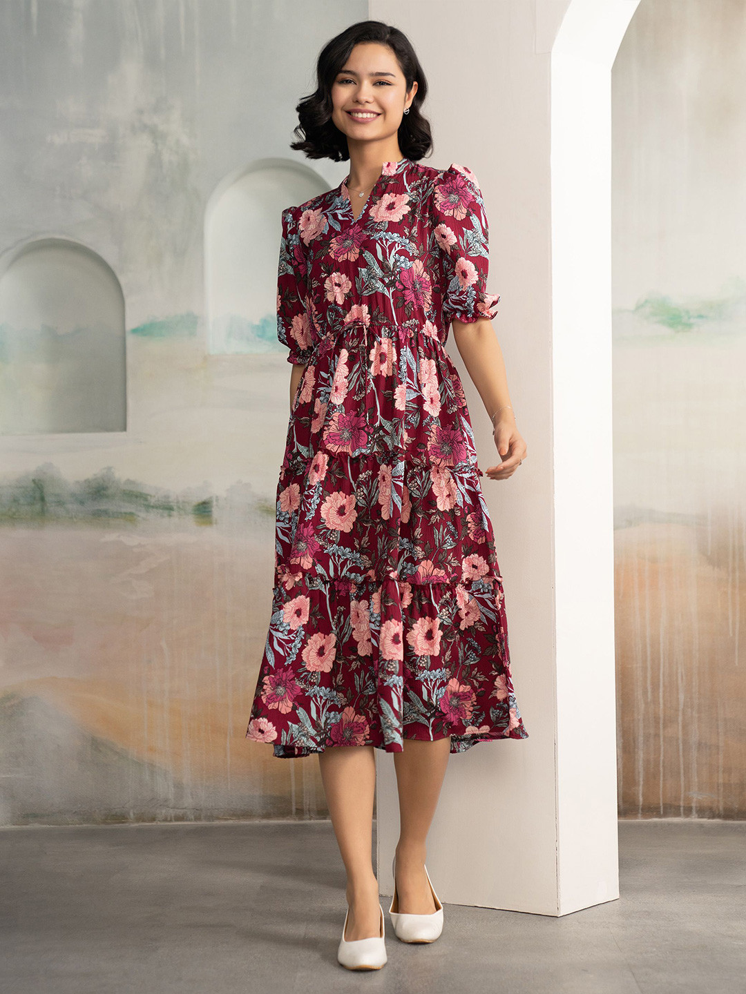 AASK Women's Wine Floral Crush Crepe Tiered Midi Length Dress