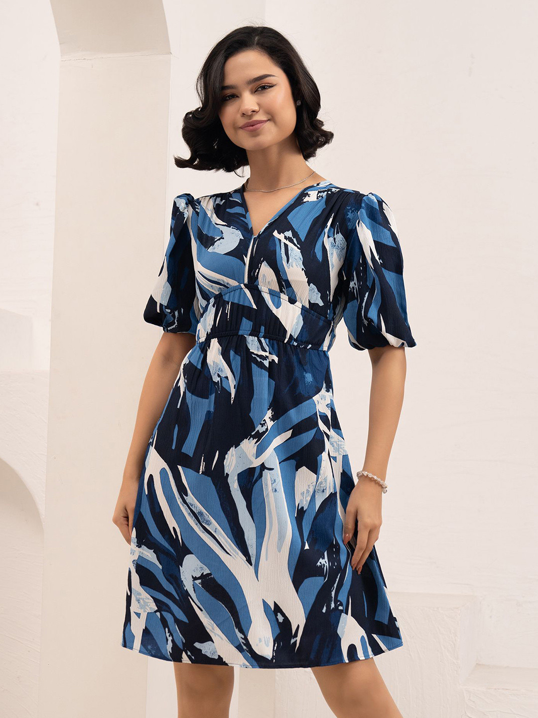 AASK Women Abstract Print Crush Crepe Tiered Above Knee Fit and Flare Dress