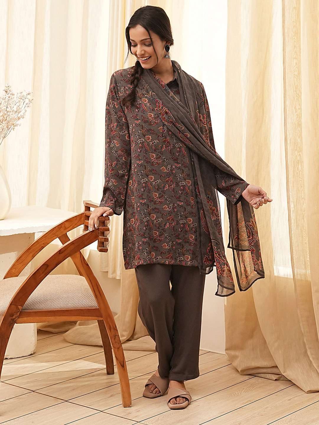 Biba Floral Printed Shirt Collar Kurta With Trouser And Dupatta
