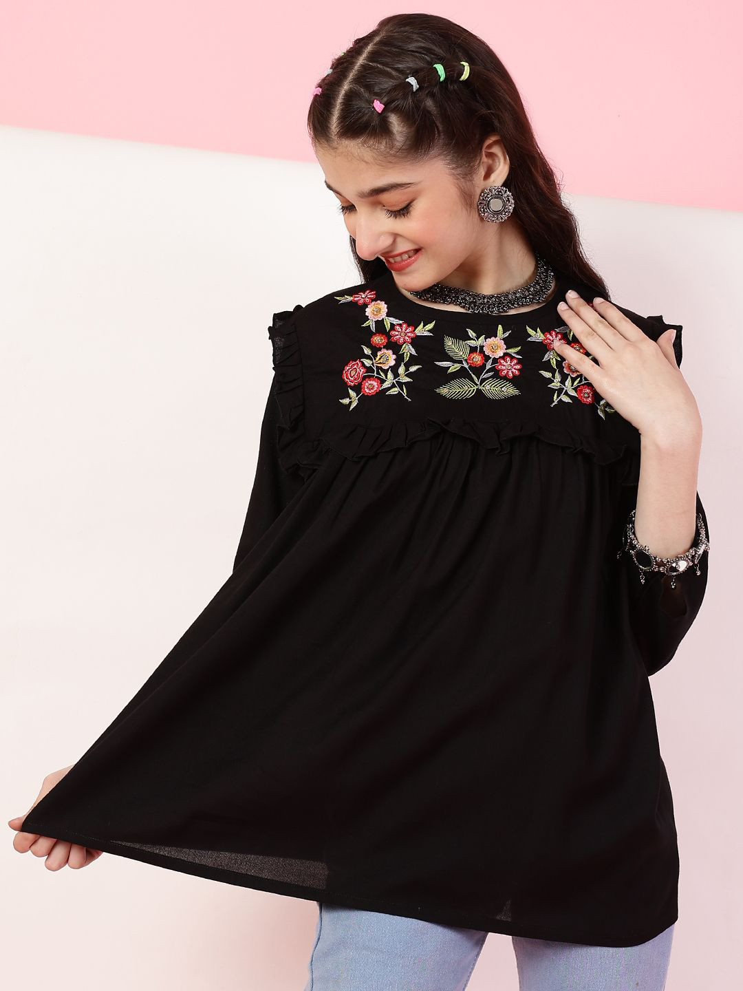 Ishti Girls Floral Printed Embroidered Rounded Neck A-Line Top