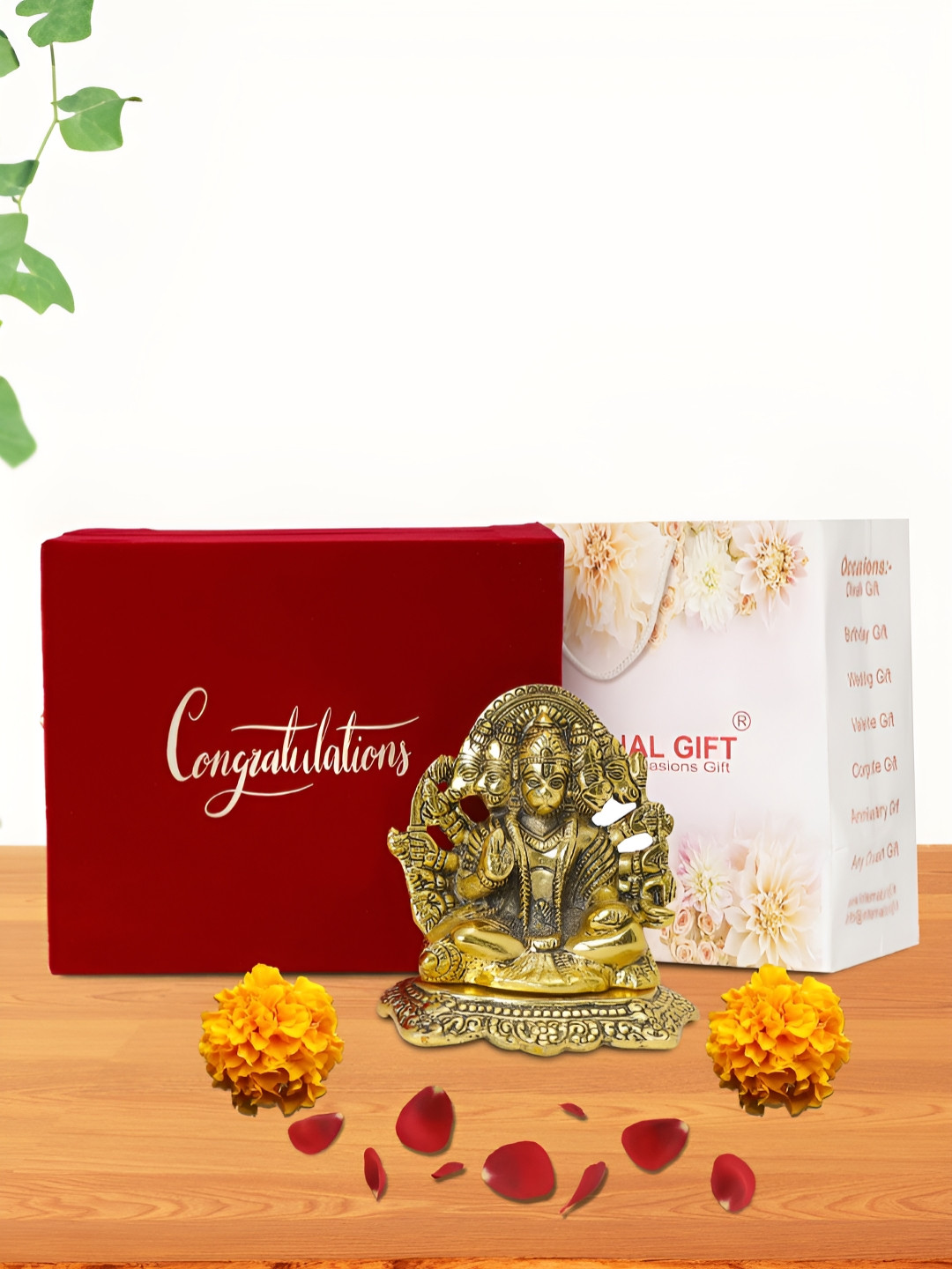 INTERNATIONAL GIFT Panchmukhi with Box, Bag and 'Congratulations' Personalized Tag Gold Metal Metallic Prayer Room Medium Showpiece - 5.5 Inches