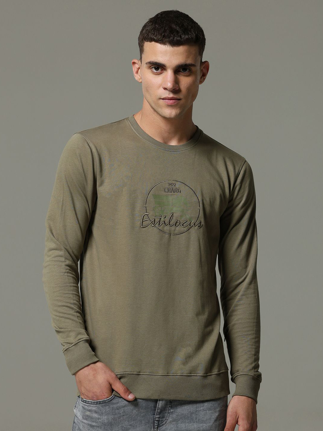 Estilocus Men Verdant Embroidered Cotton Sweatshirt