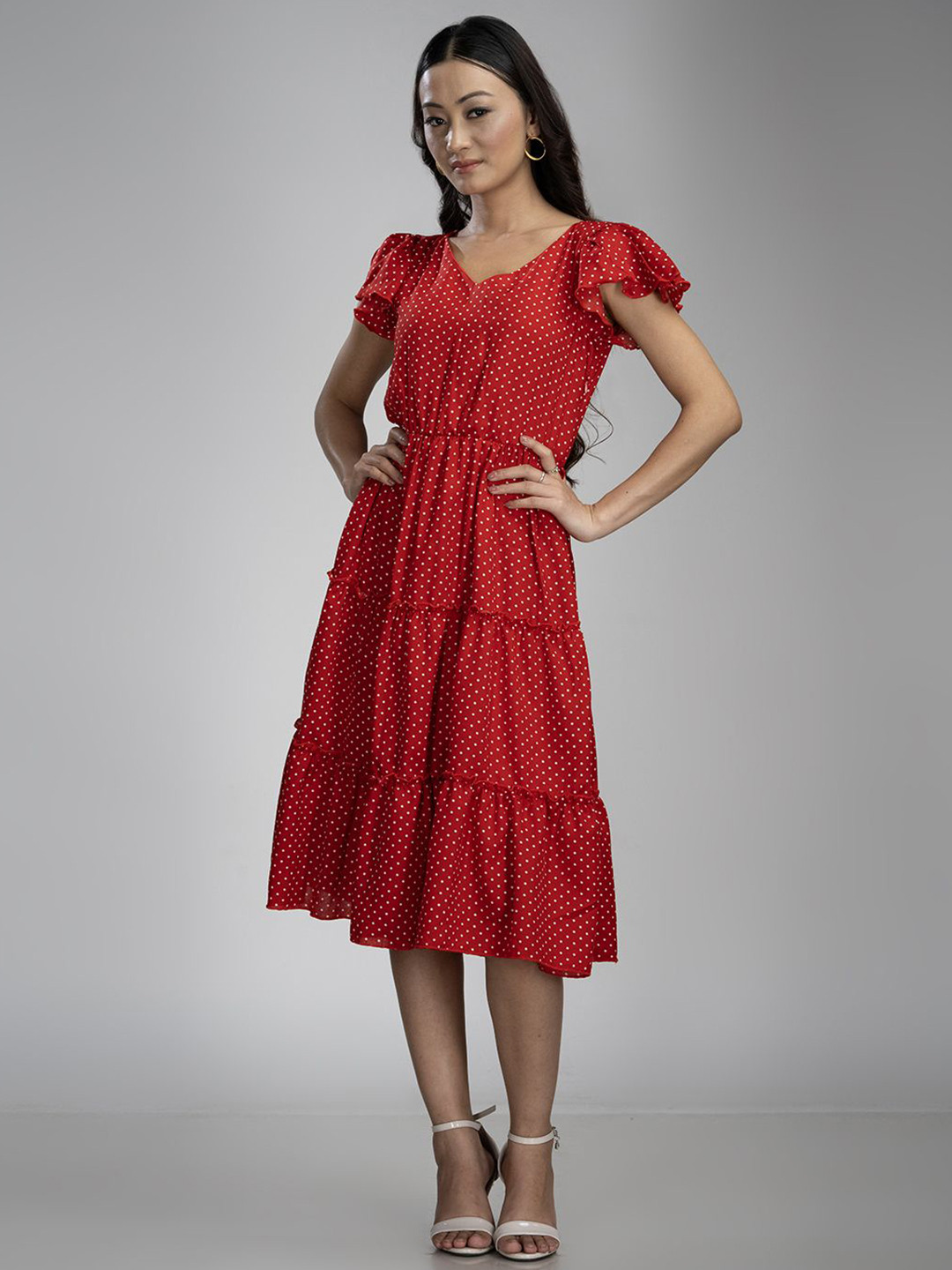 KRISS-CROX Print Flared Sleeve Fit & Flare V Neck Dress