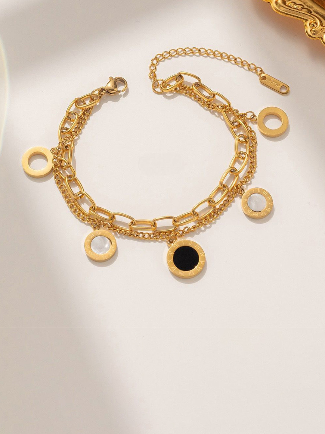 Zabby Allen Roman Stainless Steel Gold-Plated Artificial Stones Studded Charm Bracelet