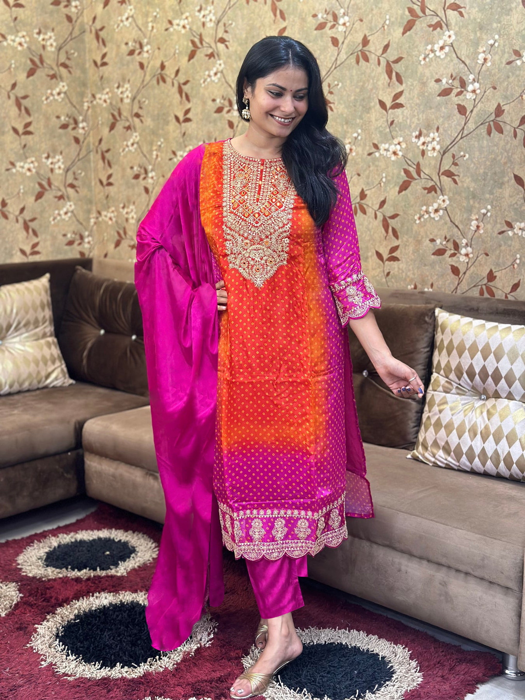 DIVASTRI Zari Ethnic motis Embroidered Round Neck Straight Kurta With Trousers And Dupatta