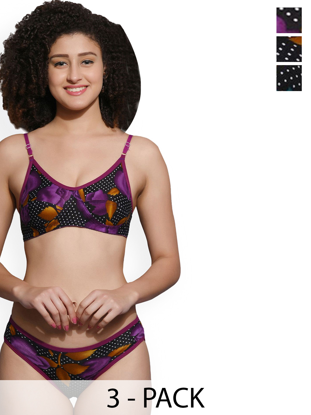 chia fashions Women Pack Of 3 Printed Non Padded Lingerie Set CHIAF-444-PRP-RED-GRN-30B