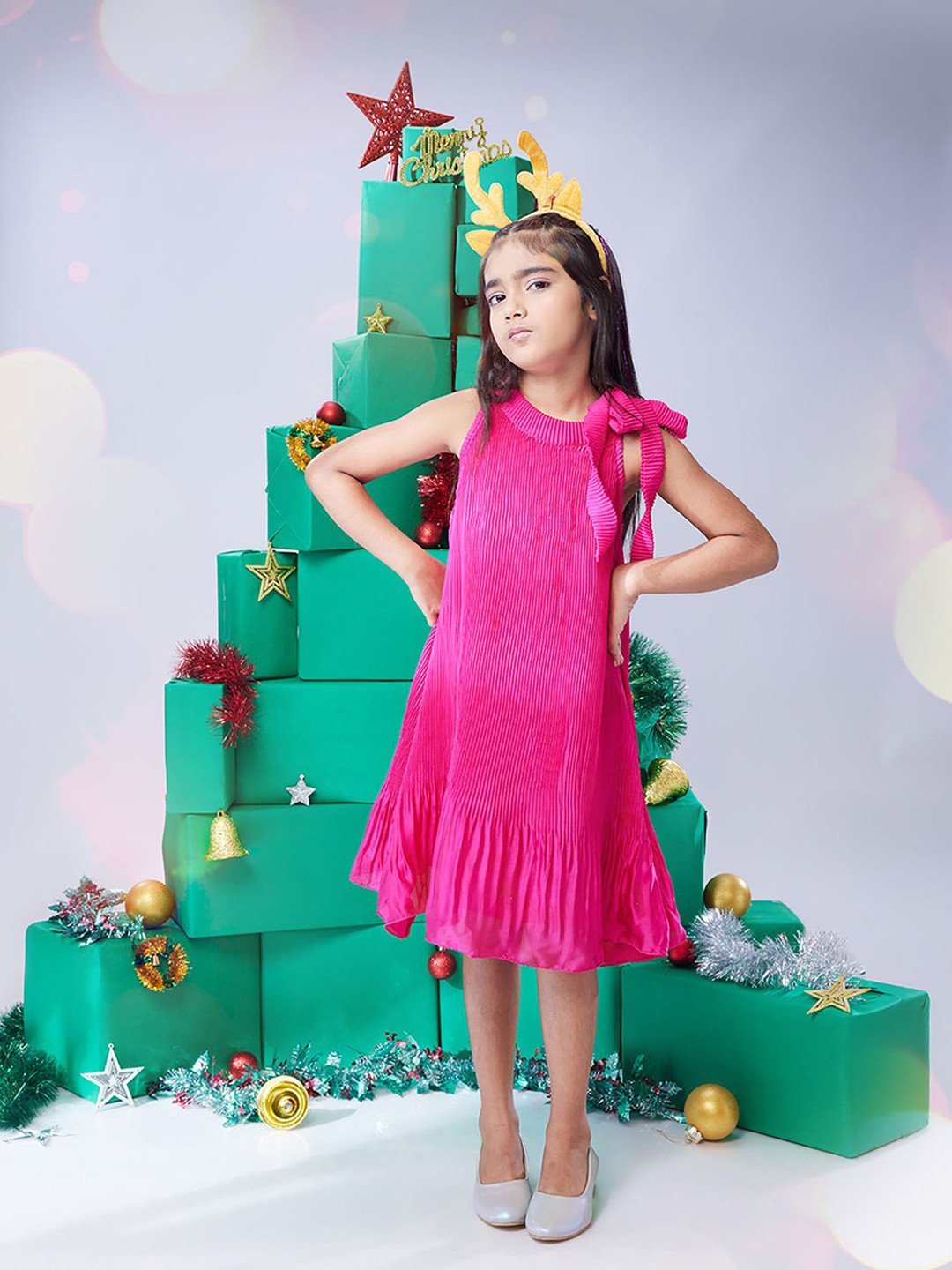 MASTARANG Girls Pleated A-line Bow Dress