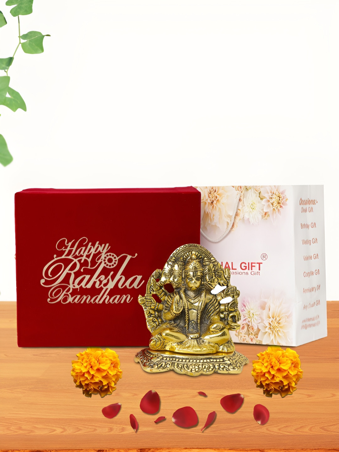 INTERNATIONAL GIFT Panchmukhi with Box, Bag and 'Happy Raksha Bandhan' Tag Gold Metal Metallic Prayer Room Medium Showpiece - 2.2 Inches