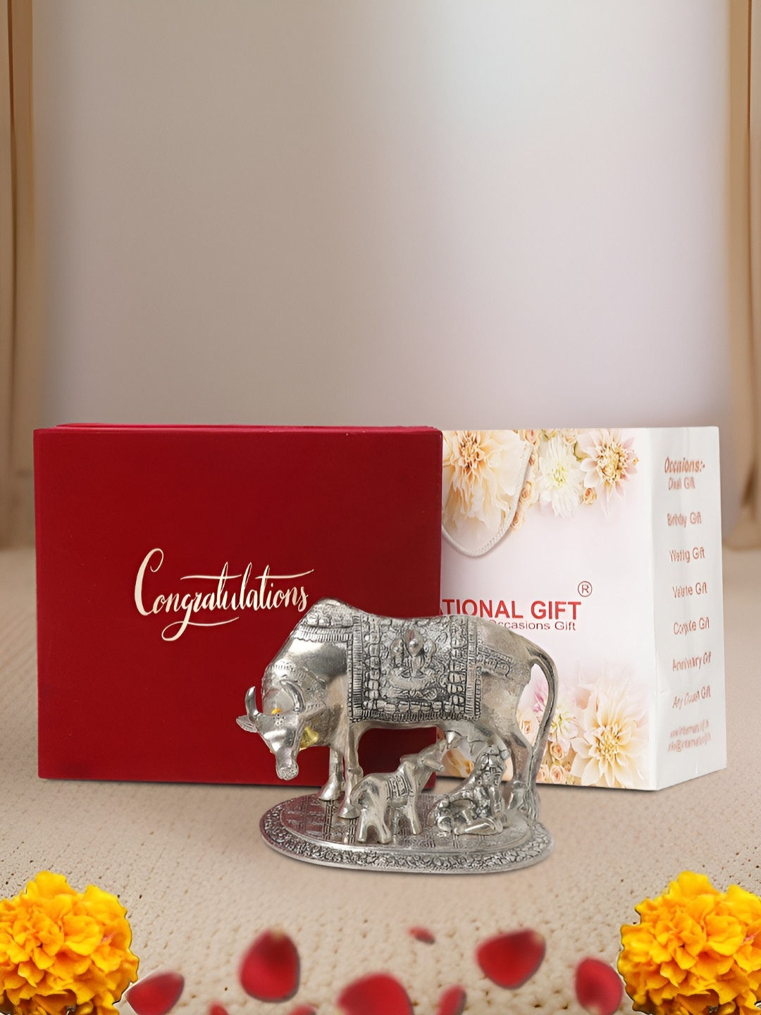 INTERNATIONAL GIFT Kamdhenu Cow with Box, Bag & 'Congratulations' Personalized Tag Silver Metal Metallic Prayer Room Medium Showpiece - 2.6 Inches
