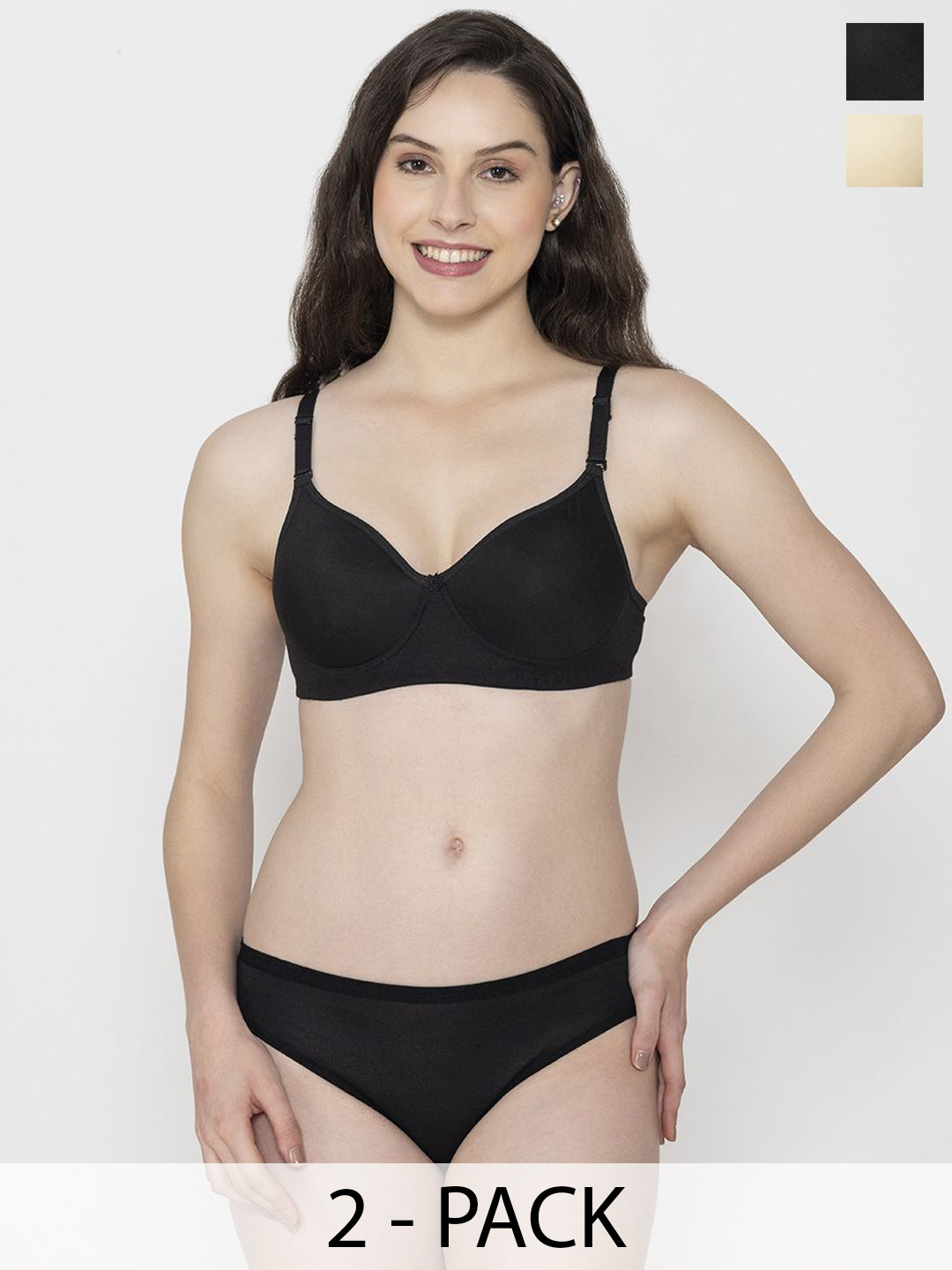 Narsingha Dreams Women Pack Of 2 Lightly Padded Cotton Lingerie Set KMPD-P2-Black-Beige-30