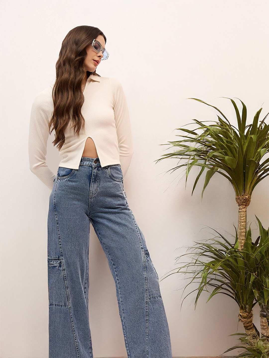 DressBerry Shirt Collar Ribbed Front Slits Fitted Top