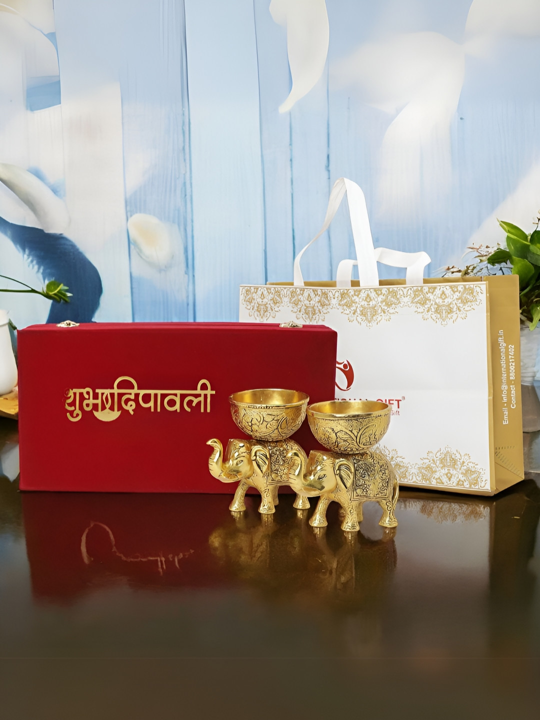 INTERNATIONAL GIFT Gold Toned 2 Pieces Elephant Bowl Set with Velvet Box and Thank You Tag