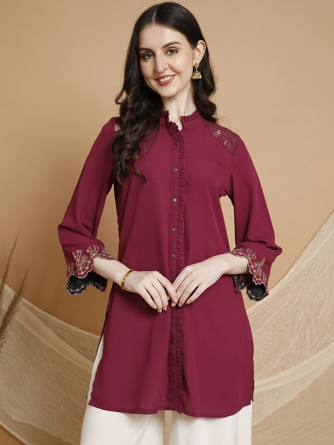 Nayam By Lakshita Frills Details Mandarin Collar Neck Tunic