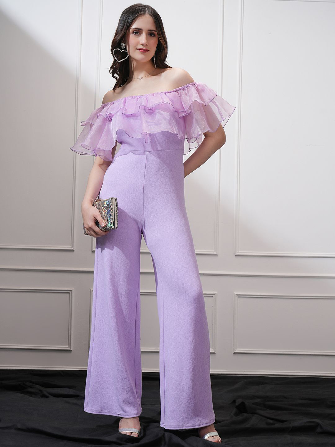 Tokyo Talkies Women Shoulder Ruffled Front Wide Leg Jumpsuit